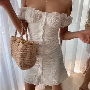 white off shoulder dress with tag